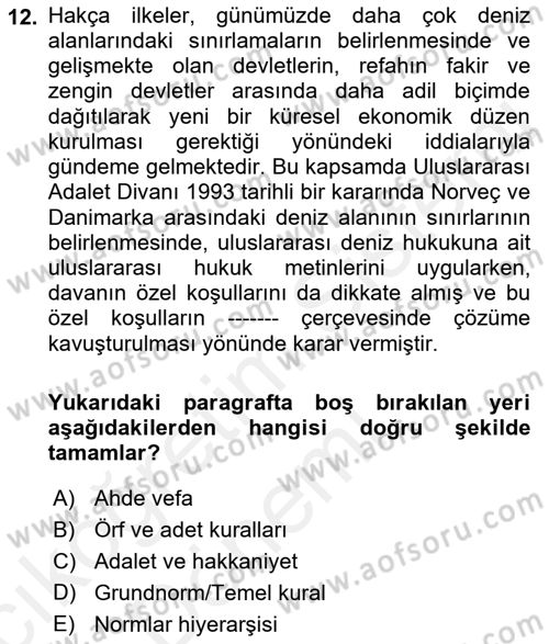 Uluslararası Hukuk 1 Dersi Ara Sınavı Deneme Sınav Soruları 12. Soru