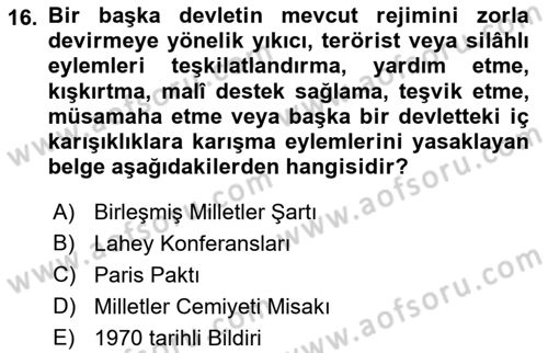 Uluslararası Hukuk 1 Dersi 2018 - 2019 Yılı (Final) Dönem Sonu Sınav Soruları 16. Soru