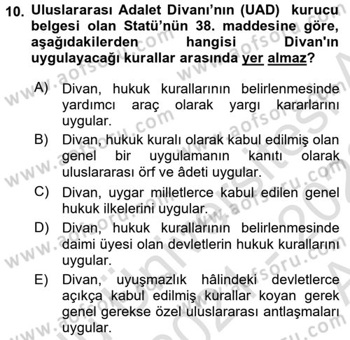 Uluslararası Hukuk 1 Dersi Ara Sınavı Deneme Sınav Soruları 10. Soru