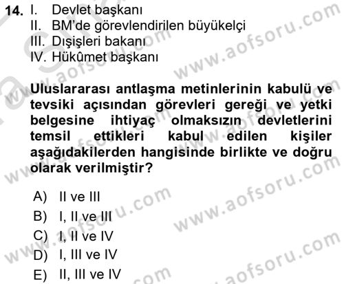 Uluslararası Hukuk 1 Dersi 2021 - 2022 Yılı (Vize) Ara Sınav Soruları 14. Soru