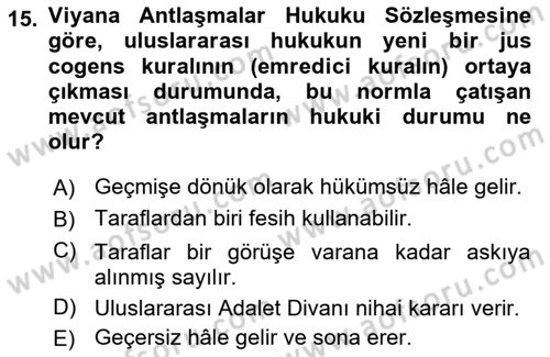 Uluslararası Hukuk 1 Dersi 2021 - 2022 Yılı (Final) Dönem Sonu Sınav Soruları 15. Soru