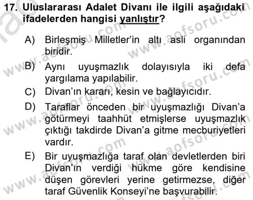 Uluslararası Hukuk 1 Dersi 2021 - 2022 Yılı Yaz Okulu Sınav Soruları 17. Soru