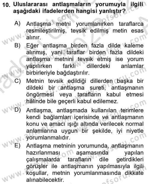 Uluslararası Hukuk 1 Dersi Ara Sınavı Deneme Sınav Soruları 10. Soru