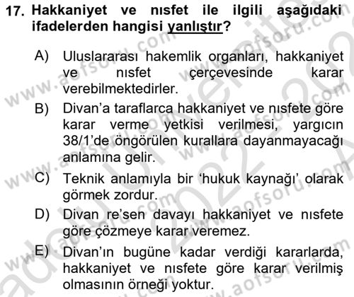 Uluslararası Hukuk 1 Dersi Ara Sınavı Deneme Sınav Soruları 17. Soru