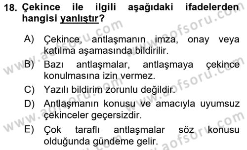 Uluslararası Hukuk 1 Dersi 2022 - 2023 Yılı (Final) Dönem Sonu Sınav Soruları 18. Soru