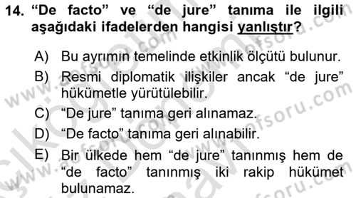 Uluslararası Hukuk 1 Dersi 2023 - 2024 Yılı (Final) Dönem Sonu Sınav Soruları 14. Soru
