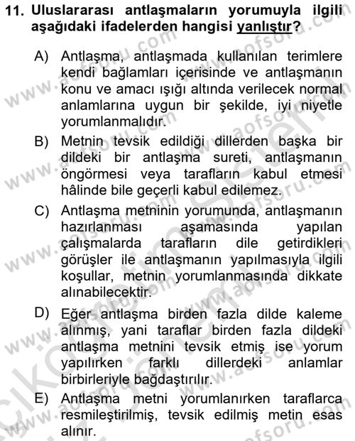Uluslararası Hukuk 1 Dersi 2024 - 2025 Yılı (Vize) Ara Sınav Soruları 11. Soru