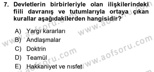 Uluslararası Hukuk 1 Dersi 2024 - 2025 Yılı (Vize) Ara Sınav Soruları 7. Soru