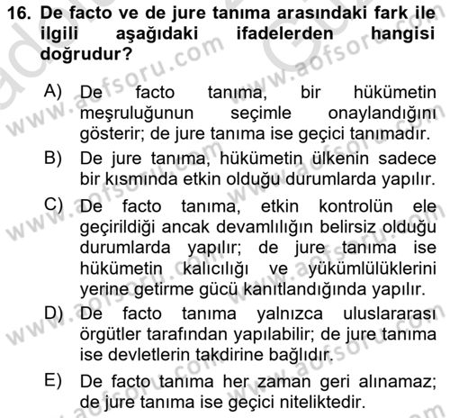 Uluslararası Hukuk 1 Dersi 2025 - 2026 Yılı (Vize) Ara Sınav Soruları 16. Soru