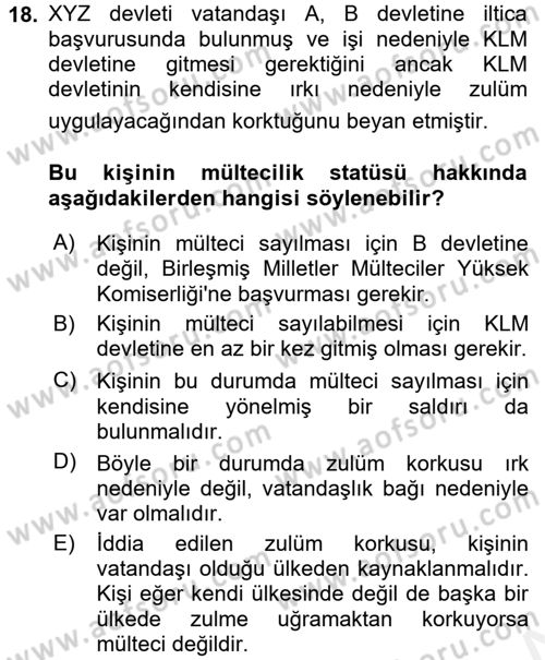 Uluslararası Hukuk 2 Dersi 2017 - 2018 Yılı (Final) Dönem Sonu Sınav Soruları 18. Soru