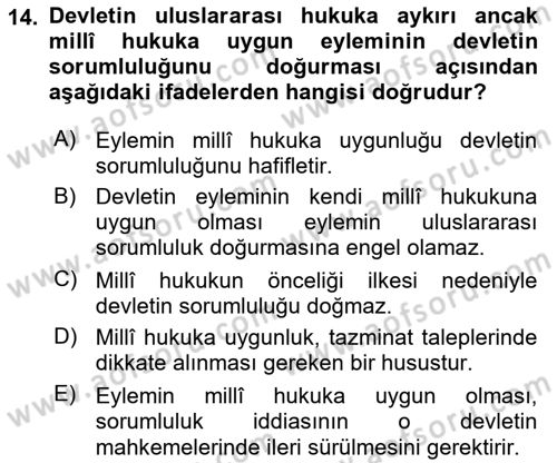 Uluslararası Hukuk 2 Dersi 2018 - 2019 Yılı 3 Ders Sınav Soruları 14. Soru