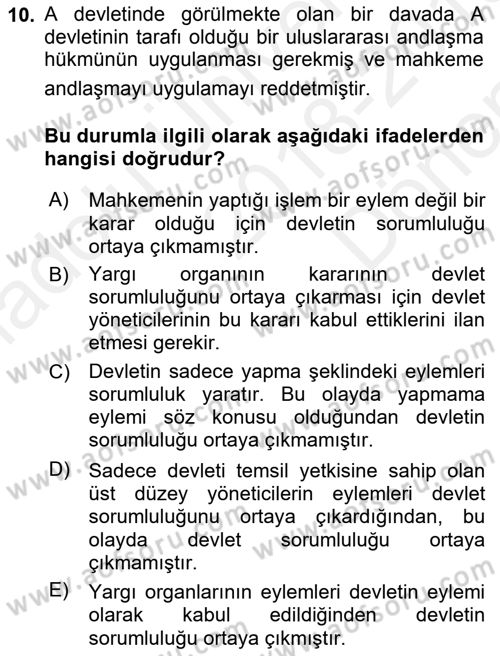 Uluslararası Hukuk 2 Dersi 2018 - 2019 Yılı (Final) Dönem Sonu Sınav Soruları 10. Soru