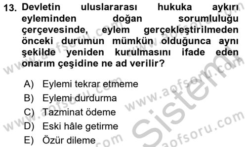 Uluslararası Hukuk 2 Dersi 2018 - 2019 Yılı Yaz Okulu Sınav Soruları 13. Soru