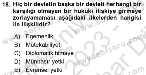 Uluslararası Hukuk 2 Dersi 2023 - 2024 Yılı (Vize) Ara Sınav Soruları 18. Soru