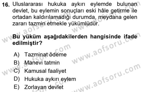 Uluslararası Hukuk 2 Dersi 2023 - 2024 Yılı (Final) Dönem Sonu Sınav Soruları 16. Soru