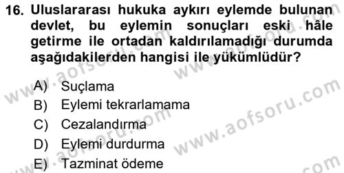 Uluslararası Hukuk 2 Dersi 2023 - 2024 Yılı Yaz Okulu Sınav Soruları 16. Soru