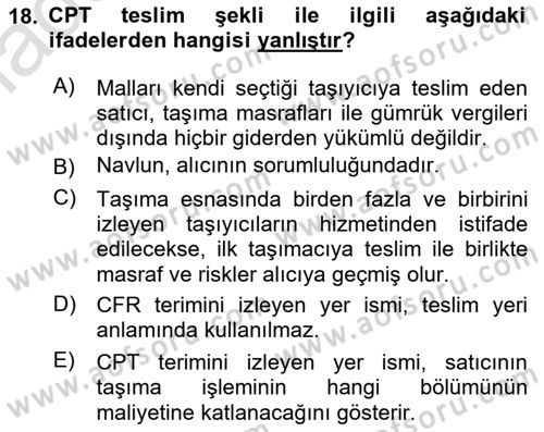 Uluslararası Ticaret Hukuku Dersi Ara Sınavı Deneme Sınav Soruları 18. Soru