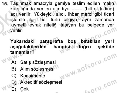 Uluslararası Ticaret Hukuku Dersi 2022 - 2023 Yılı Yaz Okulu Sınav Soruları 15. Soru