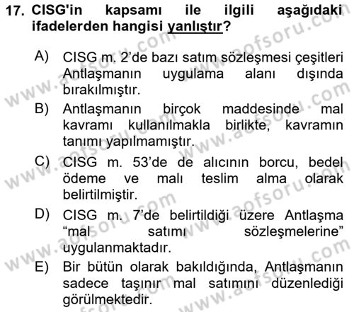 Uluslararası Ticaret Hukuku Dersi 2023 - 2024 Yılı Yaz Okulu Sınav Soruları 17. Soru