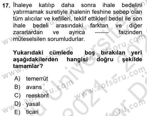 İcra Ve İflas Hukuku Dersi 2021 - 2022 Yılı (Vize) Ara Sınav Soruları 17. Soru