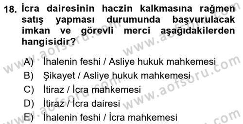 İcra Ve İflas Hukuku Dersi 2023 - 2024 Yılı (Vize) Ara Sınav Soruları 18. Soru