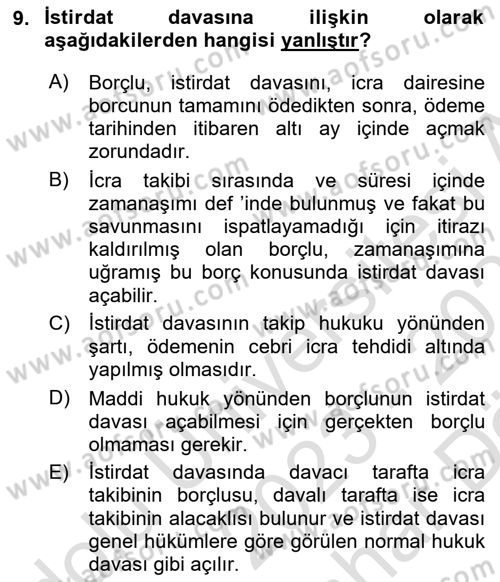 İcra Ve İflas Hukuku Dersi 2023 - 2024 Yılı (Vize) Ara Sınav Soruları 9. Soru