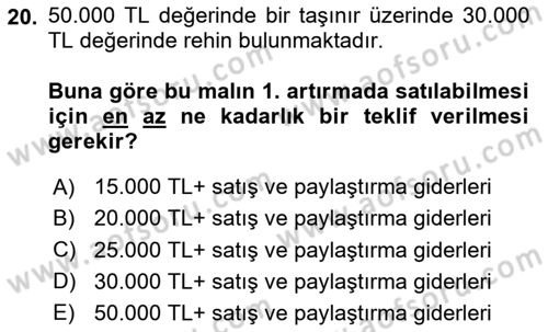 İcra Ve İflas Hukuku Dersi 2023 - 2024 Yılı (Final) Dönem Sonu Sınav Soruları 20. Soru