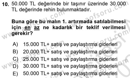 İcra Ve İflas Hukuku Dersi 2023 - 2024 Yılı Yaz Okulu Sınav Soruları 10. Soru