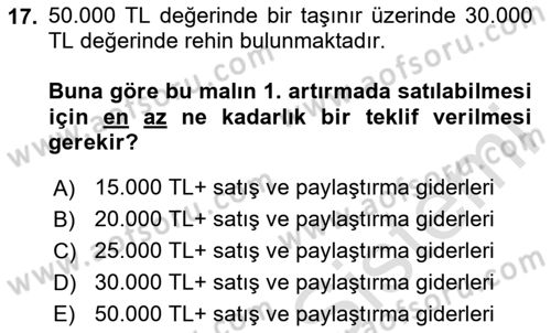 İcra Ve İflas Hukuku Dersi 2024 - 2025 Yılı (Vize) Ara Sınav Soruları 17. Soru