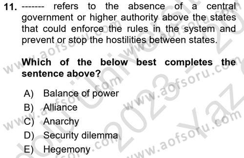 International Security Dersi 2023 - 2024 Yılı Yaz Okulu Sınav Soruları 11. Soru