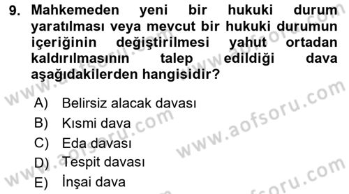Medeni Usul Hukukuna Giriş Dersi 2020 - 2021 Yılı Yaz Okulu Sınav Soruları 9. Soru