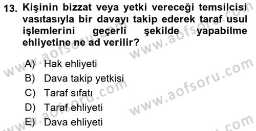 Medeni Usul Hukukuna Giriş Dersi Ara Sınavı Deneme Sınav Soruları 13. Soru
