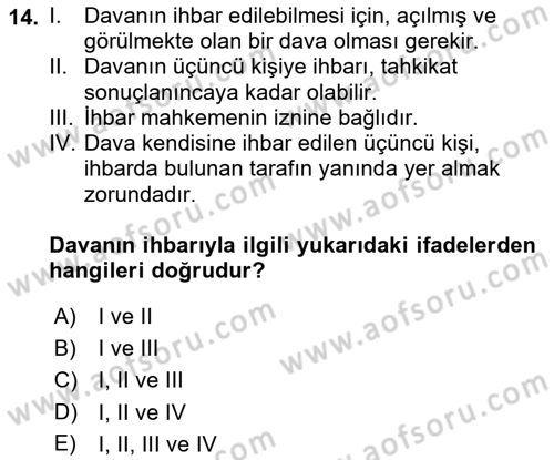 Medeni Usul Hukukuna Giriş Dersi Ara Sınavı Deneme Sınav Soruları 14. Soru