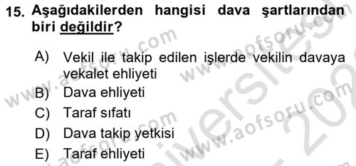 Medeni Usul Hukukuna Giriş Dersi 2021 - 2022 Yılı (Vize) Ara Sınav Soruları 15. Soru
