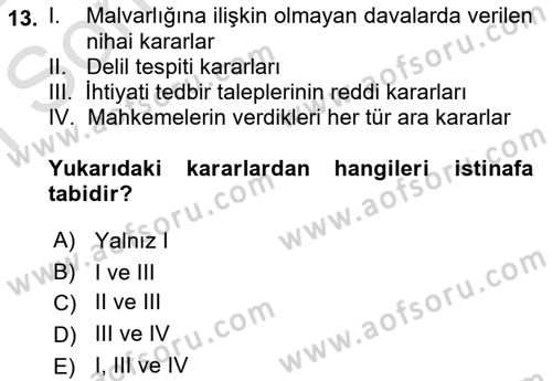 Medeni Usul Hukukuna Giriş Dersi 2021 - 2022 Yılı (Final) Dönem Sonu Sınav Soruları 13. Soru