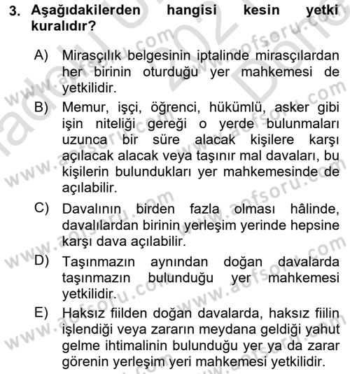 Medeni Usul Hukukuna Giriş Dersi 2021 - 2022 Yılı (Final) Dönem Sonu Sınav Soruları 3. Soru
