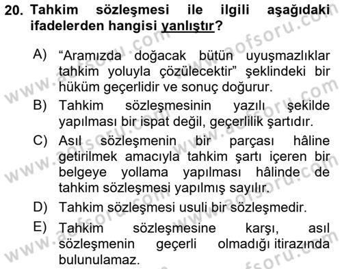 Medeni Usul Hukukuna Giriş Dersi 2021 - 2022 Yılı Yaz Okulu Sınav Soruları 20. Soru