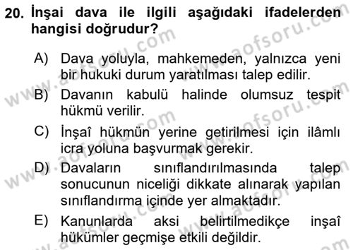 Medeni Usul Hukukuna Giriş Dersi 2022 - 2023 Yılı (Vize) Ara Sınav Soruları 20. Soru