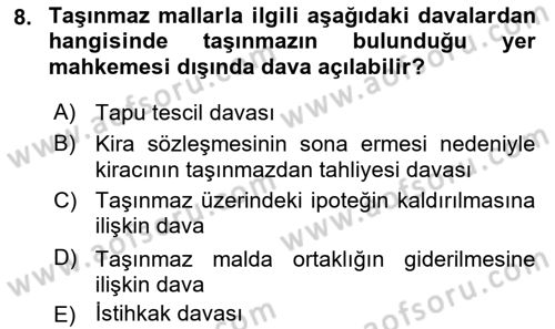 Medeni Usul Hukukuna Giriş Dersi Ara Sınavı Deneme Sınav Soruları 8. Soru