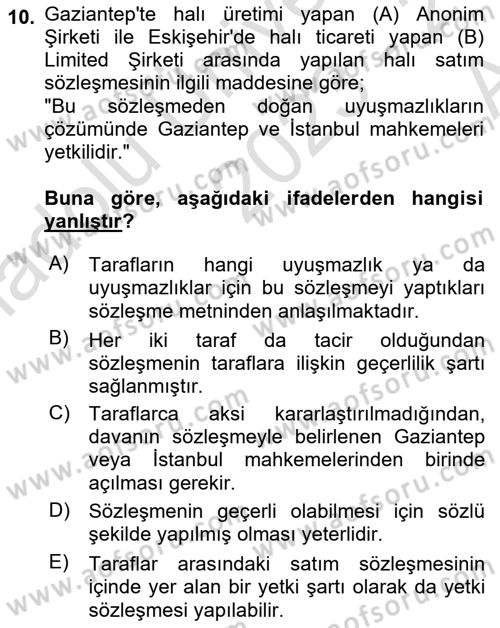 Medeni Usul Hukukuna Giriş Dersi 2023 - 2024 Yılı (Vize) Ara Sınav Soruları 10. Soru