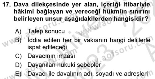 Medeni Usul Hukukuna Giriş Dersi 2023 - 2024 Yılı (Vize) Ara Sınav Soruları 17. Soru