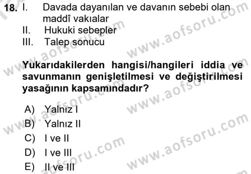 Medeni Usul Hukukuna Giriş Dersi 2023 - 2024 Yılı (Vize) Ara Sınav Soruları 18. Soru