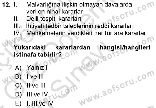 Medeni Usul Hukukuna Giriş Dersi 2023 - 2024 Yılı (Final) Dönem Sonu Sınav Soruları 12. Soru
