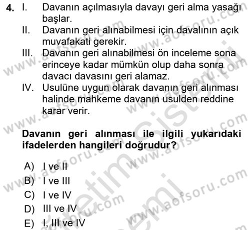 Medeni Usul Hukukuna Giriş Dersi 2023 - 2024 Yılı (Final) Dönem Sonu Sınav Soruları 4. Soru