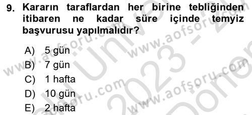 Medeni Usul Hukukuna Giriş Dersi 2023 - 2024 Yılı (Final) Dönem Sonu Sınav Soruları 9. Soru