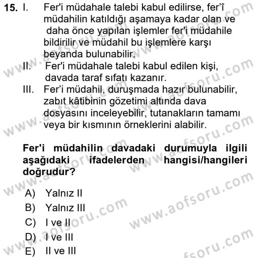 Medeni Usul Hukukuna Giriş Dersi Ara Sınavı Deneme Sınav Soruları 15. Soru