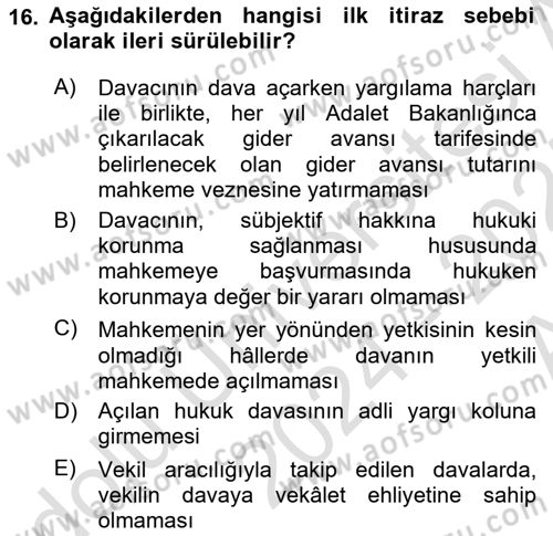 Medeni Usul Hukukuna Giriş Dersi 2024 - 2025 Yılı (Vize) Ara Sınav Soruları 16. Soru