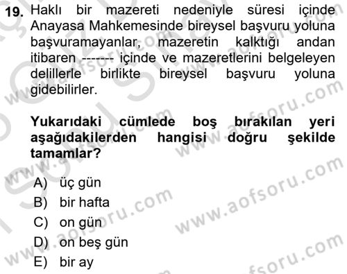 Medeni Usul Hukukuna Giriş Dersi 2024 - 2025 Yılı (Final) Dönem Sonu Sınav Soruları 19. Soru