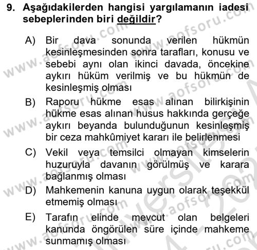 Medeni Usul Hukukuna Giriş Dersi 2024 - 2025 Yılı (Final) Dönem Sonu Sınav Soruları 9. Soru