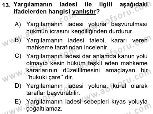 Medeni Usul Hukukuna Giriş Dersi 2024 - 2025 Yılı Yaz Okulu Sınav Soruları 13. Soru